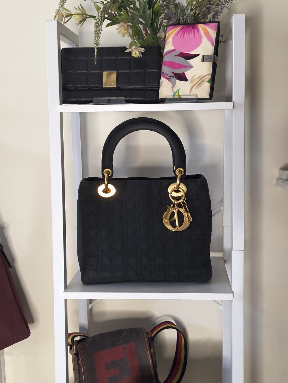 Christian Dior Lady Dior Black Embroidered Cannage Handbag With Twilly In GUC - Picture 11 of 15